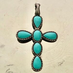 Antique two stone Turquoise & Onyx Cross Pendant 2.75” large opening clasp